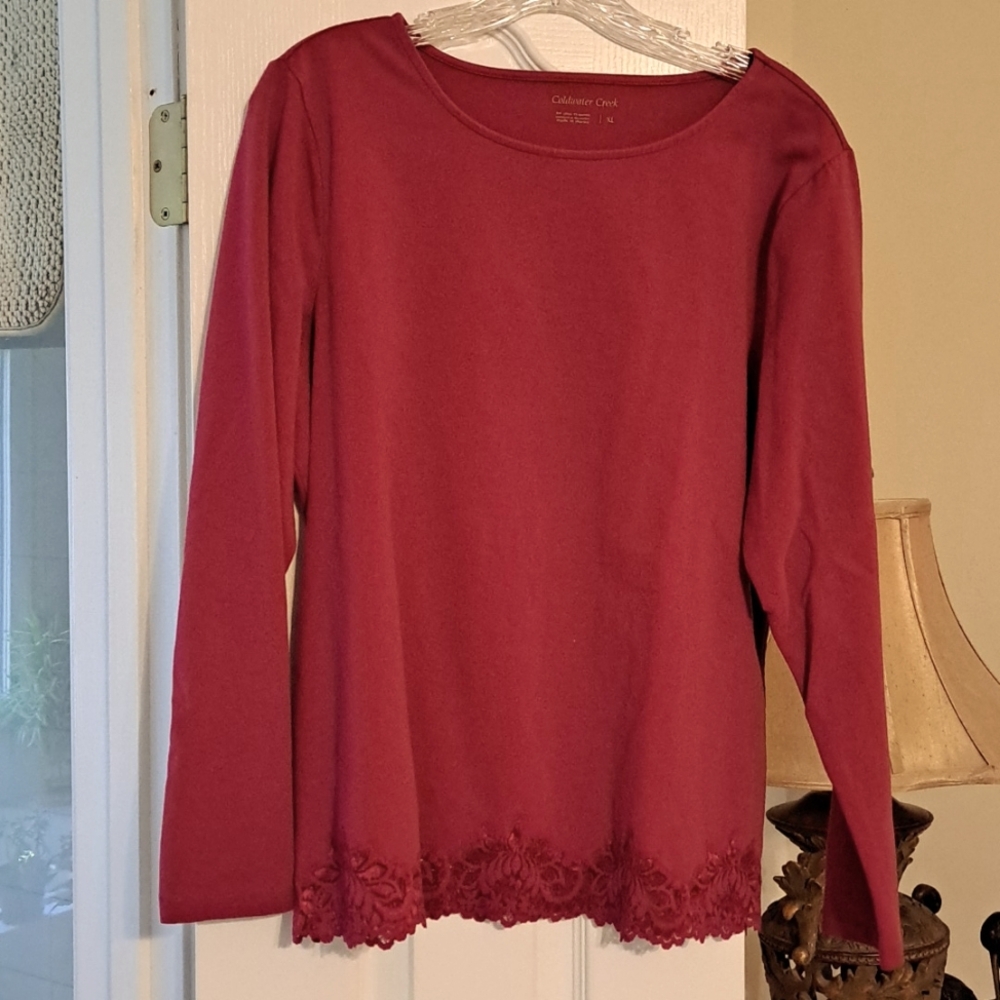 Coldwater Creek Women's Long-Sleeve Lace-Hem Top - Bordeaux